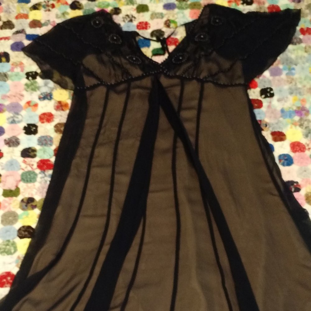 Adrianna Papell Beaded Sheer Navy Cocktail Dress sz12P